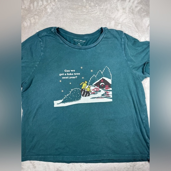 Lucky Brand Christmas Holiday Winter Green Cotton Crewneck T-Shirt Top Size XXL - Picture 3 of 14